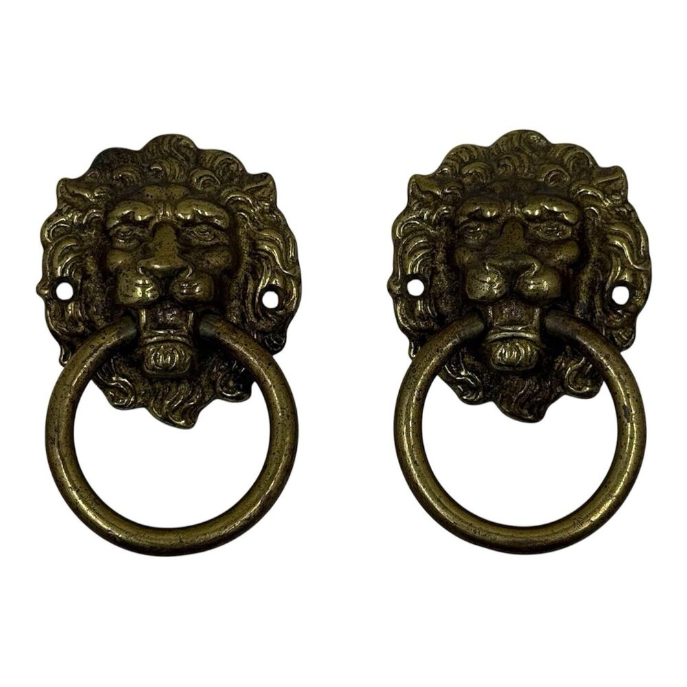 Vintage Brass Lion Head Small Drawer Pull Gold Lot of 2